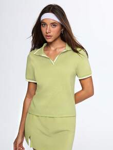SHEIN Sports 女士休闲拼接撞色百搭日常运动短袖Polo衫 - 青碧色 - 查看 4