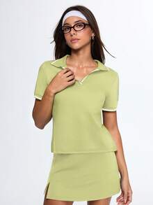SHEIN Sports 女士休闲拼接撞色百搭日常运动短袖Polo衫 - 青碧色 - 查看 6