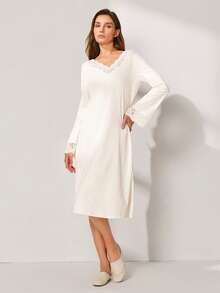 LUVLETTE 深蓝色柔软100%纯棉V领蕾丝优雅饰边长袖睡裙吊带睡衣 - 米色 - 查看 7