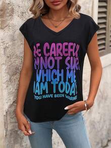 EMERY ROSE Women's V-Neck Slogan Print Casual Versatile Daily Wear T-Shirt - Black - View 3