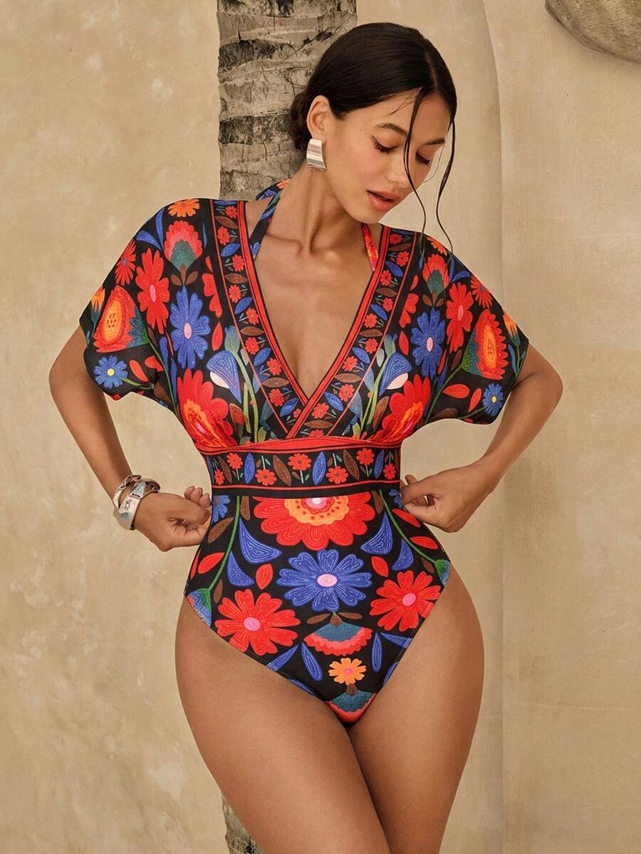 Swim Chiccia 女士南美波西米亚风印花网纱收腹连体泳衣 - 黑色 - 查看 1
