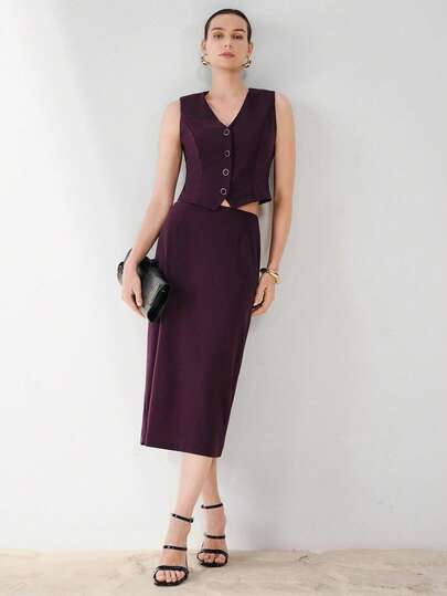 Aveloria Modichic 女士优雅V领西装背心上衣搭配修身长裙两件套，高端通勤装