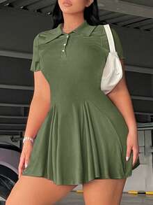 Flirla Plus Size Casual Collared Short Sleeve A-Line Dress - Army Green - View 5