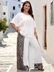 SHEIN Vacation Casual + French Chic Relaxed Leopard Print Patchwork Plus Size 2 Pieces Set - White - View 5