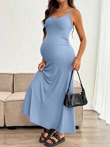 SHEIN Vestido de embarazo de unicolor con tirantes finos, ajustado y fruncido, de alta elasticidad y sin mangas - Celeste - Ver 4
