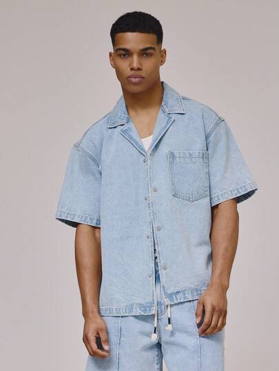Musero Oversized Washed Short Sleeve Jean Style Jacket Revere Collar Button Through Front Pocket Denim Shirt Top Spring Summer Holiday Essentials