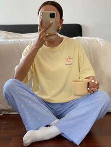 DAZY Cute Wooden Horse Print Top & Plaid Colorful Polka Dot Pajama Pants Homewear Set - Yellow - View 3