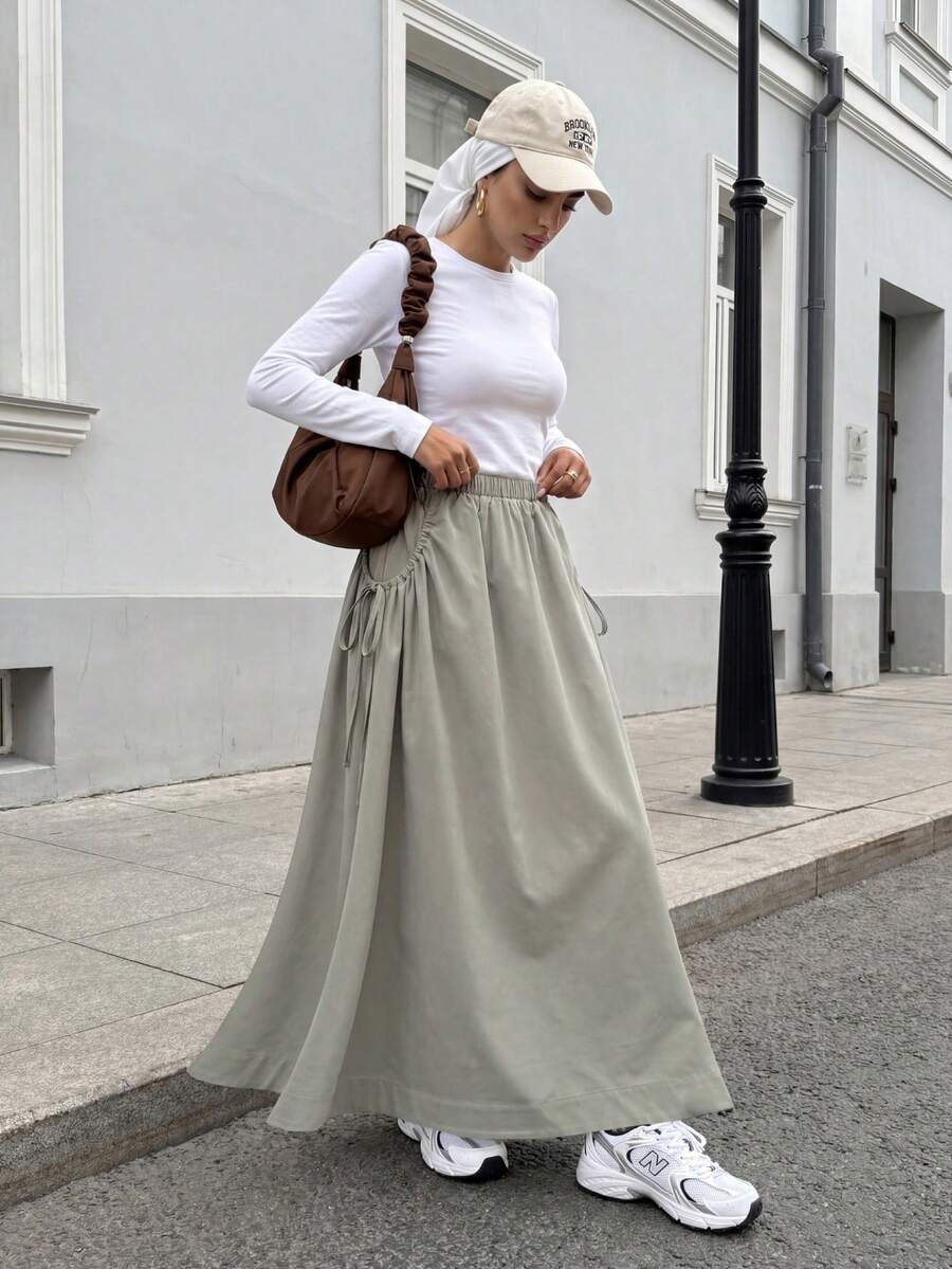Solavon Sage Green Drawstring Elastic Waist A-Line Maxi Skirt For Women,Minimalist Modest Flowy Solid Color Pocket Casual Long Skirt For Autumn City Break