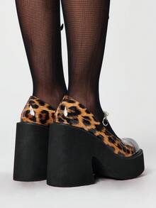 ROMWE Grunge Punk Chaussures femme mode à semelle épaisse et compensée - Style décontracté punk, bout rond, fausses perles, imprimé léopard simulé, boucle. Chaussures confortables et simples, style Glissant pour femme, style années 2000 - imprimé léopard - Voir 5