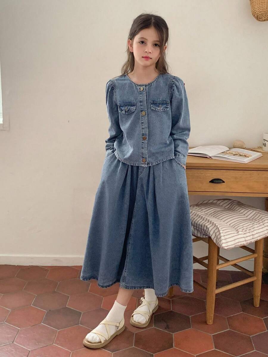 Tween Girl Solid Color Round Neck Puff Sleeve Long Sleeve Single-Breasted Denim Suit - Blue - View 1