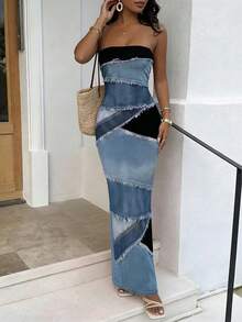 Vestido de efecto de impresión de denim de bloqueo de color casual de vacaciones - Rojo cereza - Ver 8