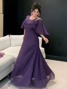 DAZY 女士不对称飘逸紫色雪纺连衣裙 - 紫羅蘭色 - 查看 4