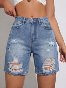Rivivi Fashionable Casual Distressed Washed Denim Shorts - Medium Wash - View 1