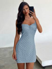 Aloruh Gaun Mini Wanita Elegan dengan Leher Persegi, Potongan Pas di Pinggang, Bahan Bertekstur, Warna Polos, Gaun Musim Panas untuk Wanita - Baby Blue - View 7