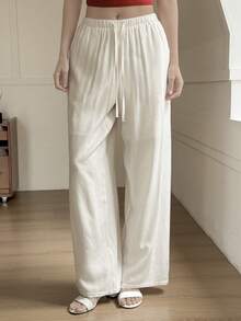 Livesso Women's Casual Solid Color Drawstring Waist Long Pants Summer - White - View 4