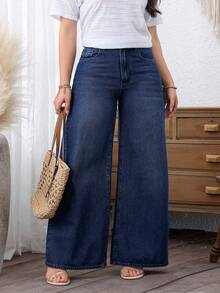SHEIN CURVE+ Quần jean ống rộng dáng rộng, không co giãn, chất liệu denim, dành cho nữ cỡ lớn. - Rửa tối - Xem 5