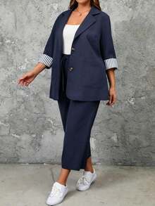 EMERY ROSE 2pcs Plus Size Striped Cuff Long Sleeve Top And Pants Set Fall - Navy Blue - View 1