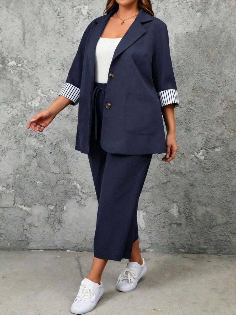 EMERY ROSE 2pcs Plus Size Striped Cuff Long Sleeve Top And Pants Set Fall - Navy Blue - View 1