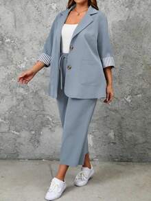 EMERY ROSE 2pcs Plus Size Striped Cuff Long Sleeve Top And Pants Set Fall - Dusty Blue - View 1