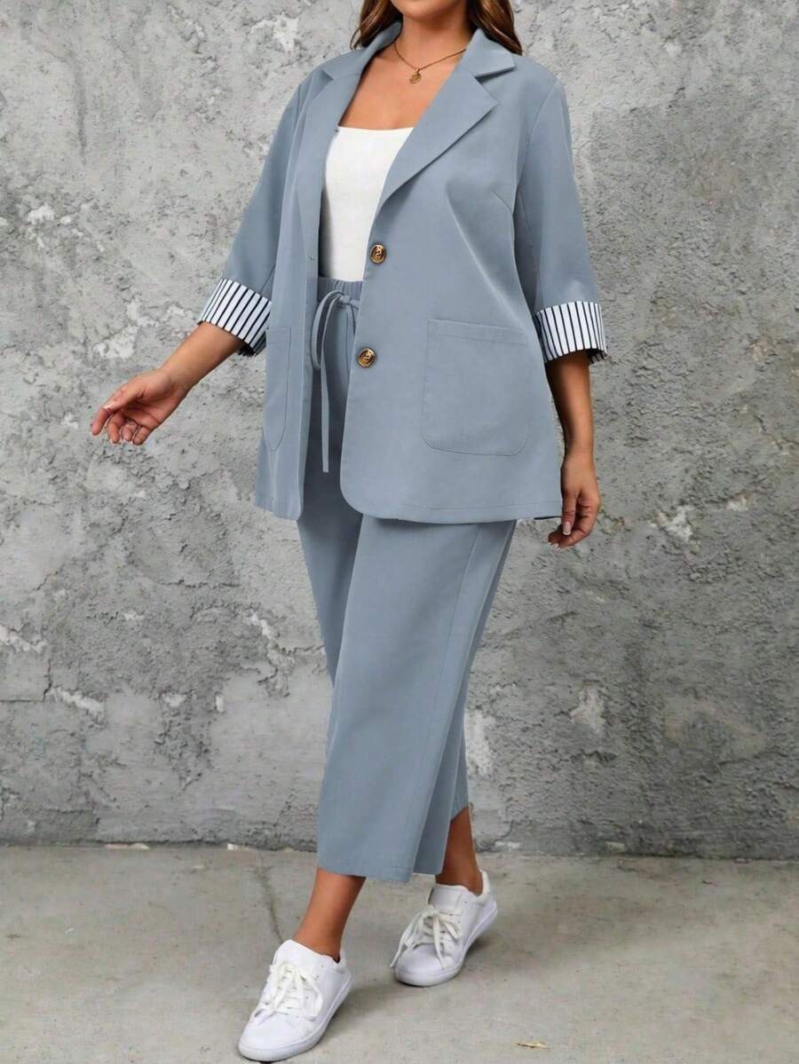 EMERY ROSE 2pcs Plus Size Striped Cuff Long Sleeve Top And Pants Set Fall - Dusty Blue - View 1