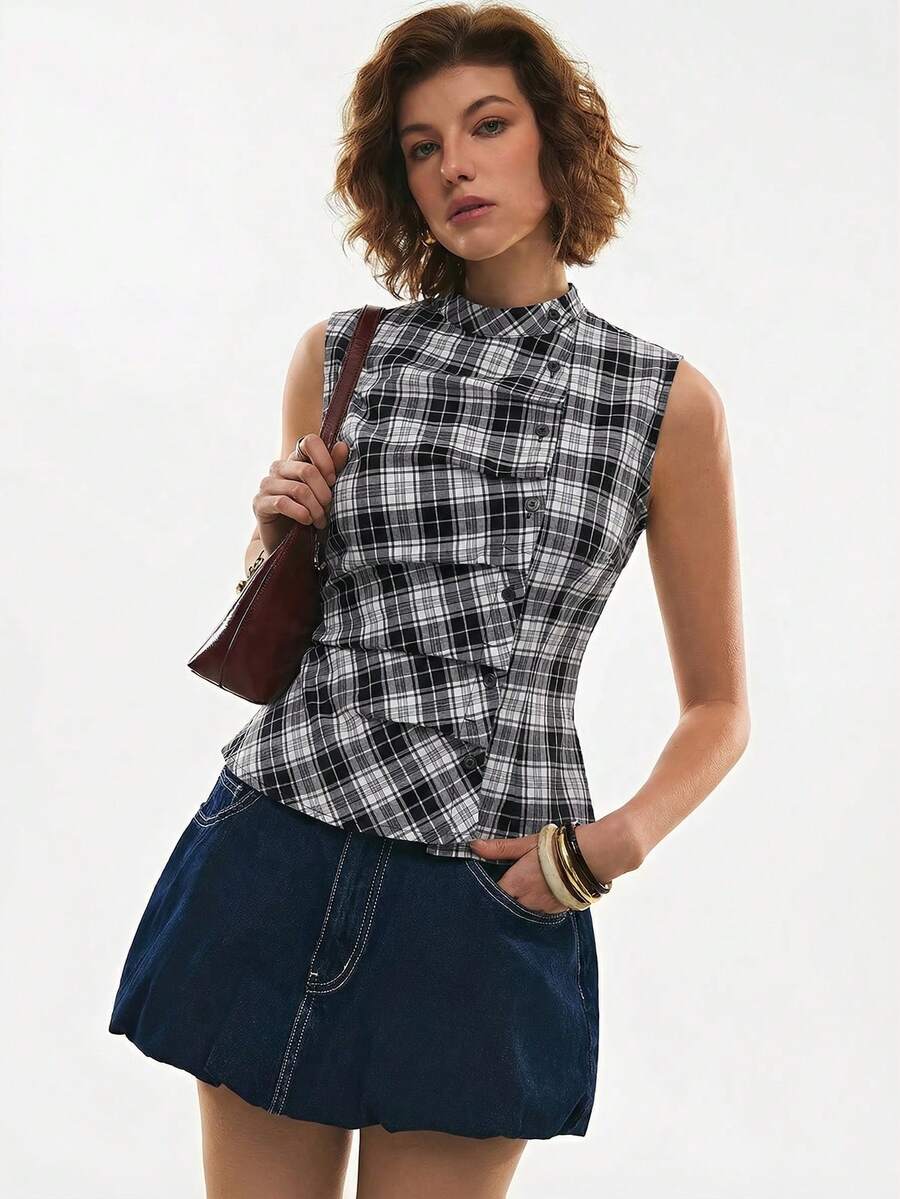 Poéselle Casual Plaid Front Button Sleeveless Top, Summer Blouse For Women Casual Modern Zip Up Top - Black and White - View 1