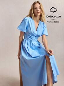 BizChic 夏季新款蓝色褶皱连衣裙，饰有蘑菇纽扣，泡泡袖，腰部褶裥，优雅百搭，适合办公室、正式场合、休闲场合，浪漫的90年代复古风，也适合派对、婚礼宾客、伴娘、女主人、日常穿着。 - 淺藍色 - 查看 6