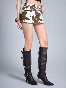 ROMWE Grunge Punk Retro Ultra-Low Waist Women's Western Cowgirl Cow Print Rivet Mini Denim Skirt - Multicolor - View 8