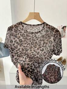 SHEIN PETITE CURVE Blusa de malla con estampado de leopardo de talla grande para mujer, camisa elegante y ajustada para uso casual y de oficina - Multicolor - Ver 1