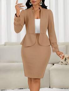 SHEIN Lady 女士简约商务长袖上衣和半裙套装（2件套）秋冬女装 - 卡其色 - 查看 8