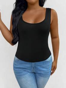 SHEIN PETITE CURVE 大码女式方领宽肩带修身吊带背心，褶皱收腰设计，遮掩小肚腩，日常穿着打底衫 - 黑色 - 查看 4