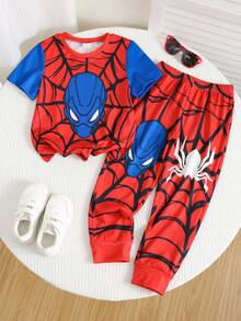 SHEIN Bubblio Bộ 2 món đồ thể thao đường phố cổ điển họa tiết nhện graffiti hoạt hình dành cho bé trai, gồm áo và quần ngắn tay cổ tròn. - Nhiều màu - Xem 5