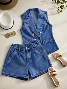 GlowEve Bộ đồ denim thường ngày dành cho nữ, gồm áo không tay cổ ve và quần short có túi. - Màu xanh lam - Xem 3