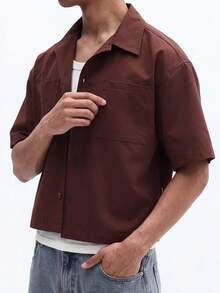 SUMWON Áo sơ mi nam màu nâu, cổ bẻ, tay ngắn, có túi ngực, kiểu dáng thường ngày, phù hợp cho mùa hè. - màu nâu - Xem 4