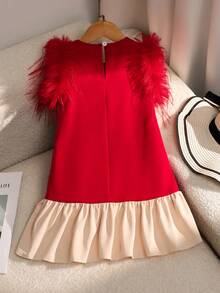SHEIN Summer Dress Young Girl Summer Elegant Pearl & Fluffy Decor Sleeveless Contrast Color Ruffle Hem Princess Dress Young Girl Dresses Kids Clothes Girls Dresses Red Dress Casual Dress For Kids Summer Outfits Squishy Dress Summer Outfits Squishy Dress Summer Dress - Red - View 2