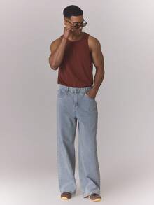 Musero 宽松水洗牛仔裤，纽扣腰带环设计，秋冬必备单品 - 淺色水洗藍 - 查看 1