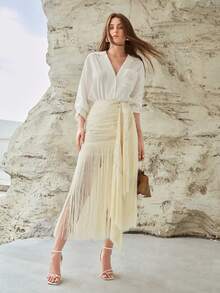 MOTF PREMIUM WOMEN'S LINEN EMBROIDERED TASSEL HEM RUCHED WAIST SKIRT - Apricot - View 5