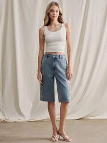 Anewsta 女士春夏时尚奢华性感镂空花卉刺绣浪漫派对度假蓝色休闲直筒牛仔裤 - 藍色 - 查看 5