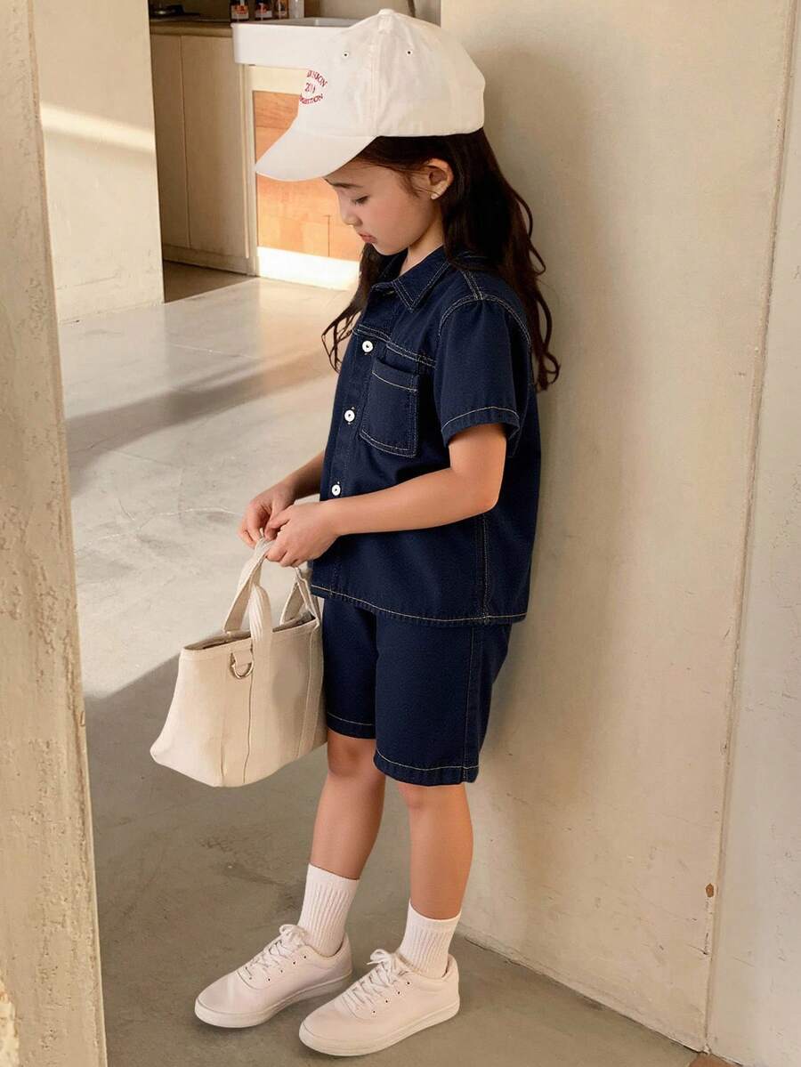 Hapijoa Young Girl Solid Color Regular Shoulder Short Sleeve Front Button Denim Suit, Summer Fashion - Navy Blue - View 1