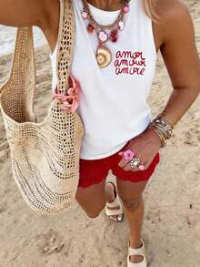 DrmWander 女士吊带背心夏季上衣 女士修身字母印花吊带衫，夏季Y2K性感上衣 女士度假套装 女士两件套 女士短款夏季套装 女士夏季套装 女士两件套休闲装 - 白色 - 查看 2