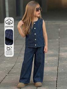 DAZY Young Girl Summer Casual Striped Button Front Denim Vest And Denim Pants Set - Blue - View 1