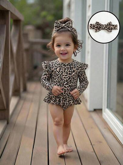 Bộ đồ bơi họa tiết da báo cho bé gái, có bèo nhún và tay áo, kèm băng đô, thích hợp cho kỳ nghỉ hè ở bãi biển, thời trang.
