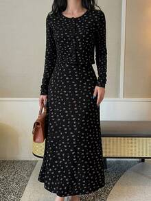 DAZY Ditsy Floral Sleep Dress & Button Placket Top Sleepwear Pajama Set For Women, Fall Winter Clothes - Black - View 3