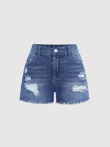 Girlism Tween Girl Y2K Spring Summer Break Washed Low Waist Ripped Raw Hem Denim Mini Shorts,Summer Boho Beach Concert Rave Festival Dailywear Spring To Summer Rave Festival And Streetwear - Medium Wash - View 5
