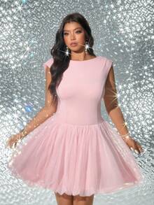 Viva Relle Plus Size Mesh Patchwork Backless Sleeveless Party Dress - Pink - View 5