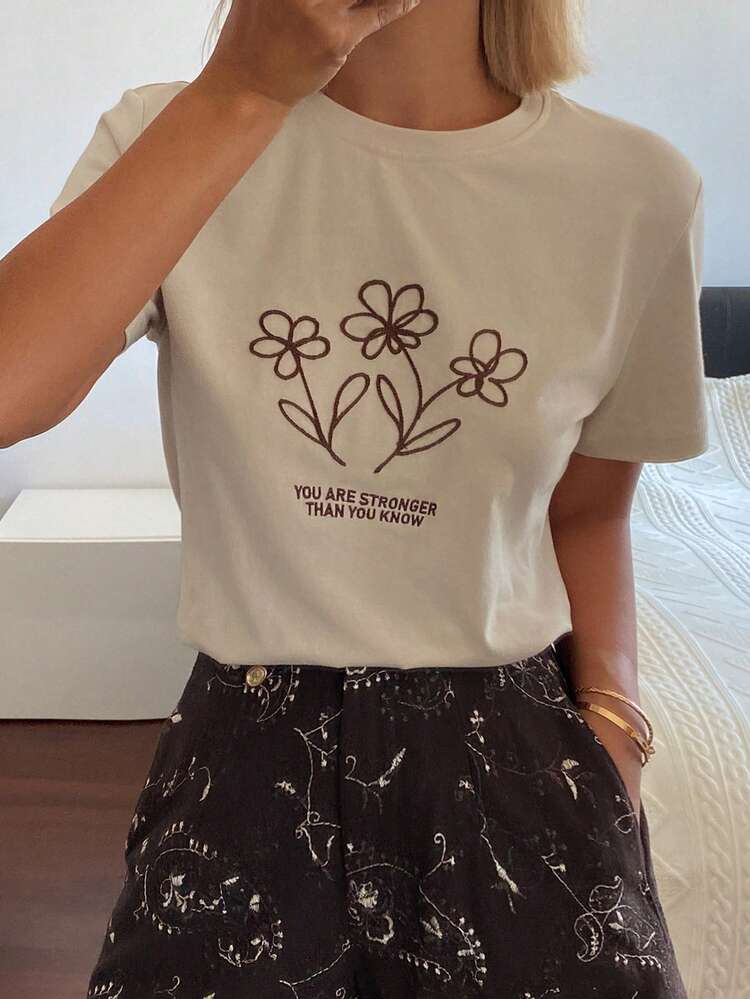 Women's Round Neck Short Sleeve Floral Embroidery & Letter Decor Pullover T-Shirt, Vacation & Casual City Style