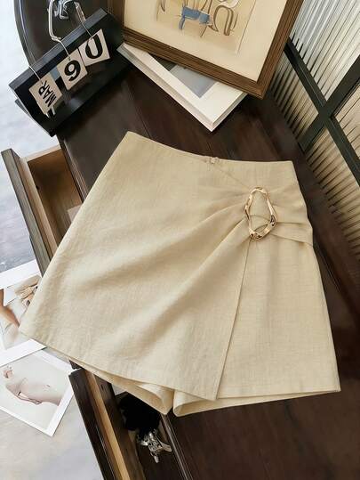 Franclia Women's Metal Decor Casual Shorts, Beach Shorts, Apricot Shorts