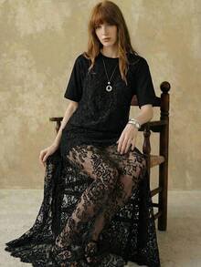 女士优雅两件套：圆领T恤和蕾丝吊带背心 - 黑色 - 查看 4