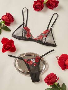 Spicy Aura Conjunto de lencería con bordado floral de malla - Negro - Ver 1