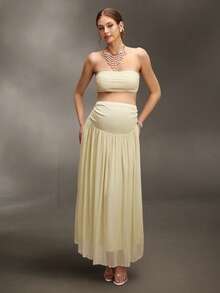 Cheriluna Maternity 2 piezas Conjunto de fotografía de maternidad, top bandeau de malla romántico y falda larga plisada de malla de cintura alta, ropa de resort de primavera/verano para fotografía - Albaricoque - Ver 6