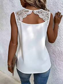 Pariaura Women's Elegant White Camisole, Contrast Lace Back, Hollow Tie Design, Suitable For Commuting, Vacation And Outings - White - View 5